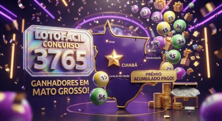 lotofácil 3765 ganhadores mato grosso, ilustração 3D festiva com volante da loteria em tons de roxo, mapa de mato grosso estilizado, bolinhas numeradas brilhantes, chuva de prêmios e confetes, vibrante e alta qualidade.