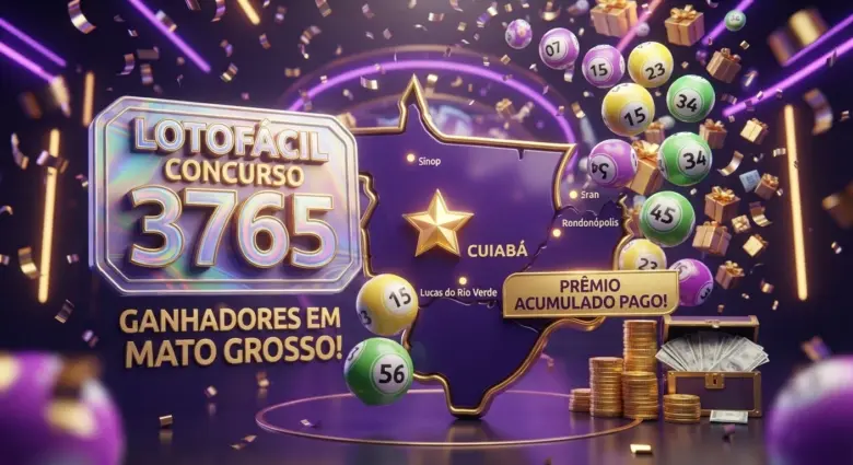 lotofácil 3765 ganhadores mato grosso, ilustração 3D festiva com volante da loteria em tons de roxo, mapa de mato grosso estilizado, bolinhas numeradas brilhantes, chuva de prêmios e confetes, vibrante e alta qualidade.