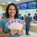 Mulher sorridente segura um leque de bilhetes de aposta da loteria Quina em uma agência lotérica movimentada da Caixa Econômica Federal.