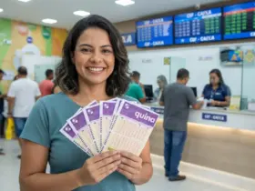 Tudo sobre a Quina: saiba como funciona, probabilidades, regras de apostas e como resgatar os prêmios nas Loterias da Caixa 24 Mulher sorridente segura um leque de bilhetes de aposta da loteria Quina em uma agência lotérica movimentada da Caixa Econômica Federal.