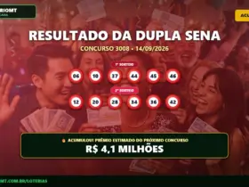 Dupla Sena concurso 3008 acumula e próximo prêmio chega a R$ 4,10 milhões 21 Banner com o resultado da Dupla Sena 3008