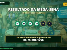 Resultado da Mega-Sena 3055: prêmio dispara para R$ 76 milhões 30 Banner de resultado da Mega-Sena 3055 com duas dezenas ocultas