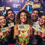 Um grupo de jovens sorridentes comemora animadamente em uma festa com iluminação e decorações neon, sob letreiros que dizem "FESTA NEON" e "CAIXA LOTERIAS". No centro, eles exibem orgulhosamente bilhetes da loteria "Dia de Sorte" da Caixa, que contam com detalhes amarelos e marcações de números. Todos usam pulseiras coloridas e roupas festivas, com confetes caindo ao fundo em meio a um ambiente vibrante e festivo.