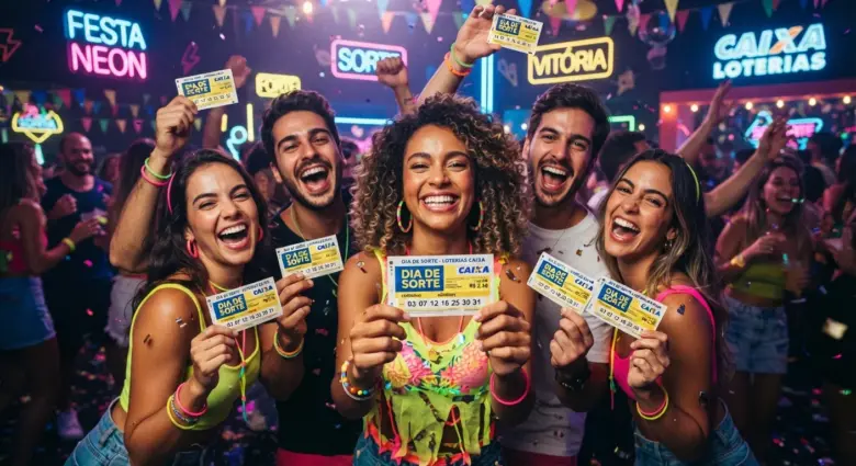 Um grupo de jovens sorridentes comemora animadamente em uma festa com iluminação e decorações neon, sob letreiros que dizem "FESTA NEON" e "CAIXA LOTERIAS". No centro, eles exibem orgulhosamente bilhetes da loteria "Dia de Sorte" da Caixa, que contam com detalhes amarelos e marcações de números. Todos usam pulseiras coloridas e roupas festivas, com confetes caindo ao fundo em meio a um ambiente vibrante e festivo.