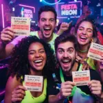 Fotografia de quatro jovens sorridentes celebrando em uma festa neon, iluminados por luzes coloridas e intensas em tons de roxo, verde e azul. No centro, duas mulheres e dois homens com expressões de pura alegria e empolgação exibem bilhetes de loteria da Dupla Sena da Loterias Caixa, que trazem detalhes vermelhos e códigos de barras. Ao fundo, o ambiente de festa conta com outras pessoas dançando, letreiros luminosos e uma cabine de DJ à esquerda.