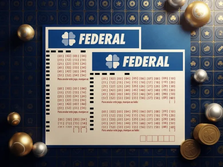 Loteria Federal 6099: Veja o resultado da "Quartou" de R$ 500 mil 1 Banner para internet com fundo em azul escuro texturizado, trazendo elementos decorativos de sorte como esferas douradas, moedas e padrões geométricos com trevos e estrelas. Sobreposto ao fundo, há um bilhete ou volante impresso da Loteria Federal, exibindo o logotipo oficial e blocos de numeração para apostas.