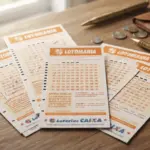 Fotografia em close-up de uma mesa de madeira iluminada pela luz suave de uma janela, onde estão dispostos vários bilhetes de apostas da Lotomania com detalhes laranjas e a logomarca da Loteria Caixa, acompanhados por uma carteira de couro e uma caneta.