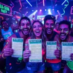 Um grupo de quatro jovens, duas mulheres e dois homens, sorridentes e comemorando em uma festa neon. Todos estão com pinturas faciais fluorescentes, roupas coloridas e bastões de luz ao fundo em um ambiente escuro iluminado por luz negra. Cada um deles segura erguido um bilhete de aposta da Mega-Sena com o padrão verde e o logotipo da Caixa.