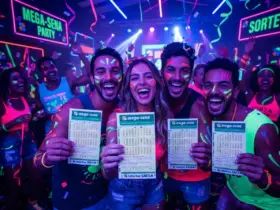 Resultado da Mega-Sena 3056: Saíram os números para o prêmio de quase R$ 76 Milhões 18 Um grupo de quatro jovens, duas mulheres e dois homens, sorridentes e comemorando em uma festa neon. Todos estão com pinturas faciais fluorescentes, roupas coloridas e bastões de luz ao fundo em um ambiente escuro iluminado por luz negra. Cada um deles segura erguido um bilhete de aposta da Mega-Sena com o padrão verde e o logotipo da Caixa.