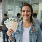 Foto de uma mulher sorrindo segurando bilhetes da Mega-Sena em uma lotérica da Caixa