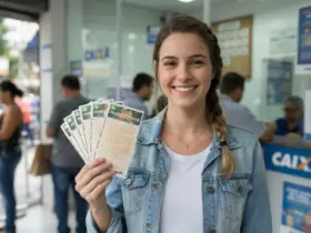 Foto de uma mulher sorrindo segurando bilhetes da Mega-Sena em uma lotérica da Caixa