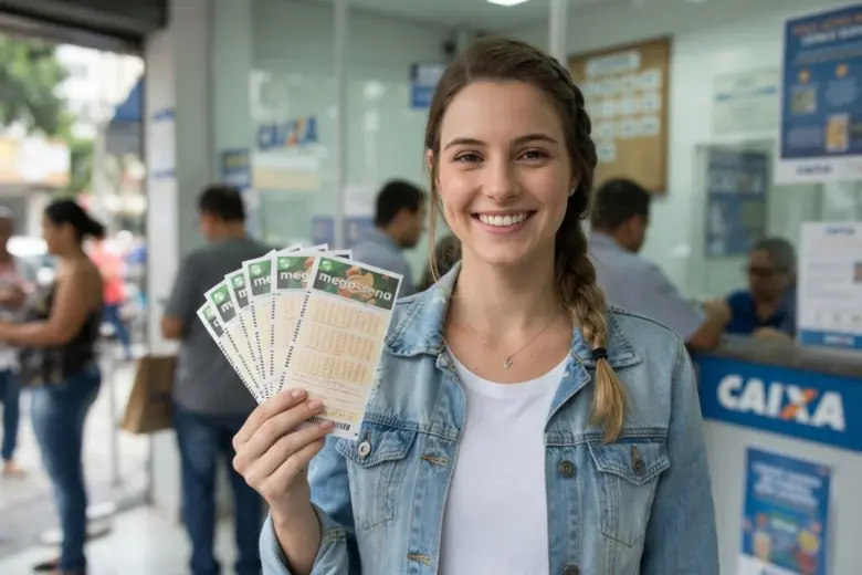 Foto de uma mulher sorrindo segurando bilhetes da Mega-Sena em uma lotérica da Caixa