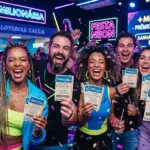 Fotografia em ambiente de festa neon, com iluminação vibrante em tons de azul e rosa, mostrando um grupo de cinco jovens adultos sorrindo e comemorando felizes. Eles vestem roupas coloridas e acessórios fluorescentes, e erguem bilhetes de loteria da +Milionária da Loterias Caixa, que possuem detalhes em azul, enquanto confetes caem ao fundo e letreiros luminosos exibem o nome da loteria e o tema da festa.