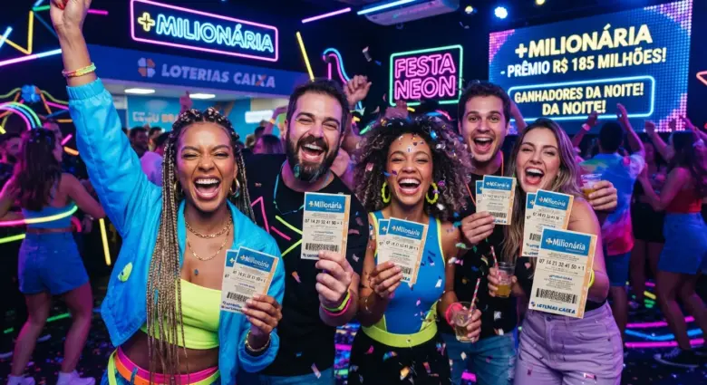 R$ 92 milhões em jogo: Confira o resultado da +Milionária 388 1 Fotografia em ambiente de festa neon, com iluminação vibrante em tons de azul e rosa, mostrando um grupo de cinco jovens adultos sorrindo e comemorando felizes. Eles vestem roupas coloridas e acessórios fluorescentes, e erguem bilhetes de loteria da +Milionária da Loterias Caixa, que possuem detalhes em azul, enquanto confetes caem ao fundo e letreiros luminosos exibem o nome da loteria e o tema da festa.