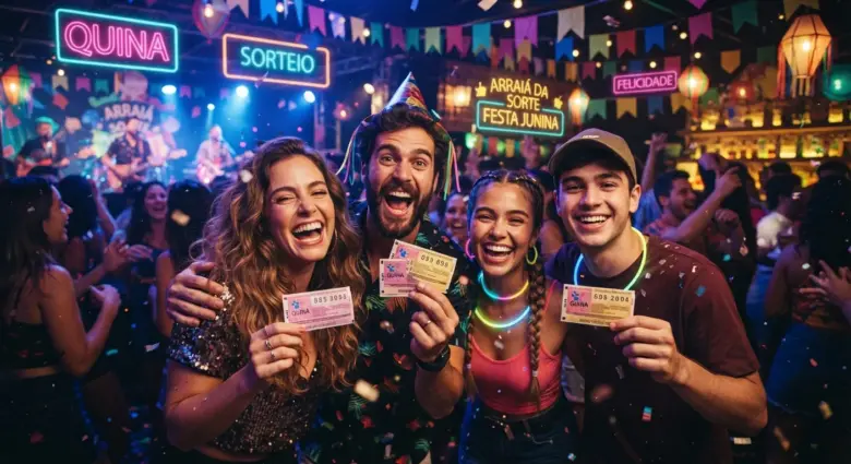Pessoas felizes em uma festa segurando bilhetes da quina