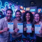 Pessoas felizes em uma festa segurando bilhetes da Quina
