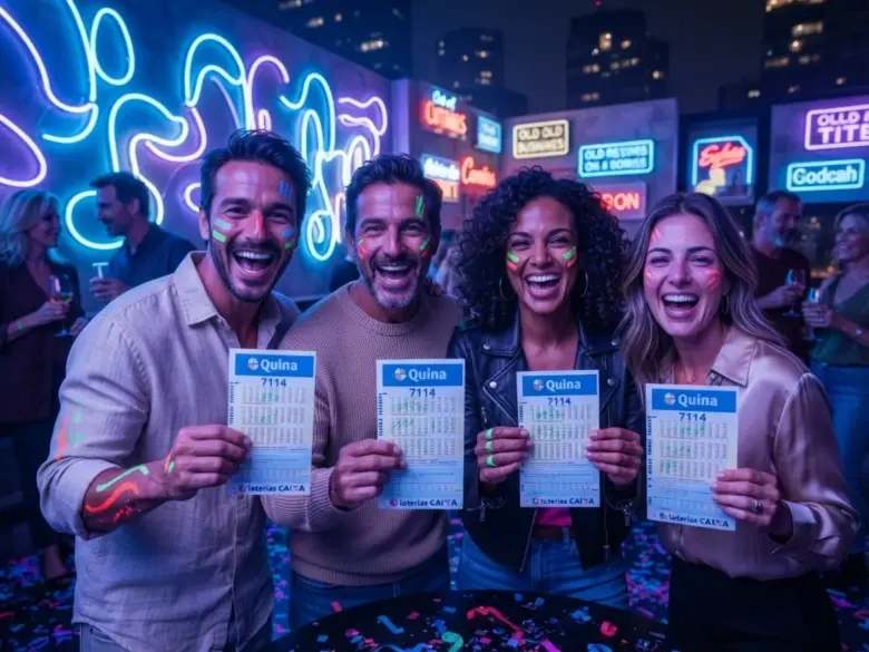 Resultado da Quina 7114: Confira as dezenas sorteadas para o prêmio de R$ 21,5 Milhões 1 Pessoas felizes em uma festa segurando bilhetes da Quina