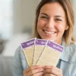 Mulher de cabelos castanhos claros segurando bilhetes da Quina e sorrindo