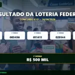 Resultado oficial da Loteria Federal concurso 6101 sorteado em 16/09/2026. Bilhete principal premiado com R$ 500 MIL. Divulgação CenárioMT e Caixa.