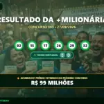Resultado oficial da +Milionária concurso 393 de 27/09/2026. Dezenas sorteadas: 02, 15, 17, 26, 29, 32. Prêmio acumulou para R$ 99 MILHÕES.
