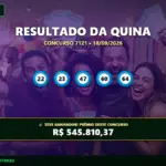 Resultado oficial da Quina concurso 7121 de 18/09/2026. Dezenas sorteadas: 22, 23, 47, 60, 64. Prêmio estimado em R$ 545.810,37.