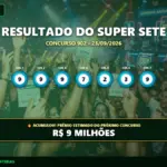Resultado oficial da Super Sete concurso 902 de 23/09/2026. Dezenas sorteadas: 9, 9, 9, 7, 2, 3, 9. Prêmio acumulou para R$ 9 MILHÕES.