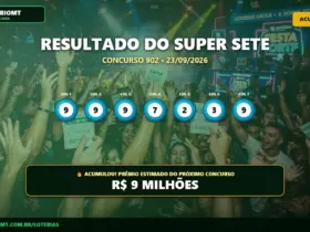 Resultado oficial da Super Sete concurso 902 de 23/09/2026. Dezenas sorteadas: 9, 9, 9, 7, 2, 3, 9. Prêmio acumulou para R$ 9 MILHÕES.