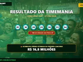 Timemania concurso 2447: números têm sequência curiosa e prêmio acumula 6 Resultado oficial da Timemania concurso 2447 de 27/09/2026. Dezenas sorteadas: 01, 10, 20, 25, 30, 33, 34. Prêmio acumulou para R$ 16,8 MILHÕES.