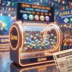 Ilustração 3D moderna com globo de sorteio brilhante, bolinhas numeradas de 1 a 80, bilhete de aposta, fundo festivo de loteria