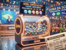Quina 7107: Bolão de Colíder (MT) fatura prêmio na faixa da Quadra 18 Ilustração 3D moderna com globo de sorteio brilhante, bolinhas numeradas de 1 a 80, bilhete de aposta, fundo festivo de loteria