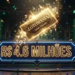 Uma imagem de estúdio luxuosa e cinematográfica, em tons de verde escuro e dourado, com padrões geométricos Art Déco ao fundo. No centro, um bilhete dourado e ornamentado flutua, emitindo um forte brilho dourado e uma cascata de números e poeira estelar. O bilhete tem o texto "LOTOMANIA" em destaque e "PRÊMIO PRINCIPAL" abaixo. Abaixo dele, um grande letreiro em estilo neon azul com bordas douradas exibe o texto "R$ 4.6 MILHÕES" em letras douradas brilhantes. Confetes verdes e dourados caem por toda a cena, criando uma atmosfera de celebração e sorte.