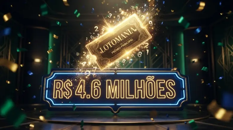 Aposta de Mato Grosso Acerta Lotomania e Leva Prêmio de R$ 4,6 Milhões 1 Uma imagem de estúdio luxuosa e cinematográfica, em tons de verde escuro e dourado, com padrões geométricos Art Déco ao fundo. No centro, um bilhete dourado e ornamentado flutua, emitindo um forte brilho dourado e uma cascata de números e poeira estelar. O bilhete tem o texto "LOTOMANIA" em destaque e "PRÊMIO PRINCIPAL" abaixo. Abaixo dele, um grande letreiro em estilo neon azul com bordas douradas exibe o texto "R$ 4.6 MILHÕES" em letras douradas brilhantes. Confetes verdes e dourados caem por toda a cena, criando uma atmosfera de celebração e sorte.