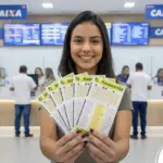 Mulher segurando bilhetes da Timemania em Lotérica
