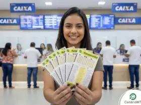 Mulher segurando bilhetes da Timemania em Lotérica