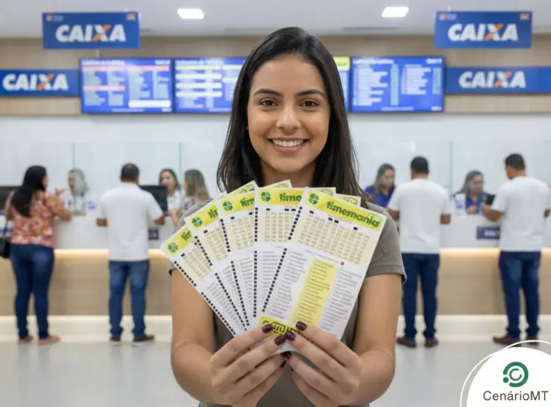 Mulher segurando bilhetes da Timemania em Lotérica