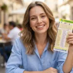 Uma mulher feliz segurando um bilhete da Timemania