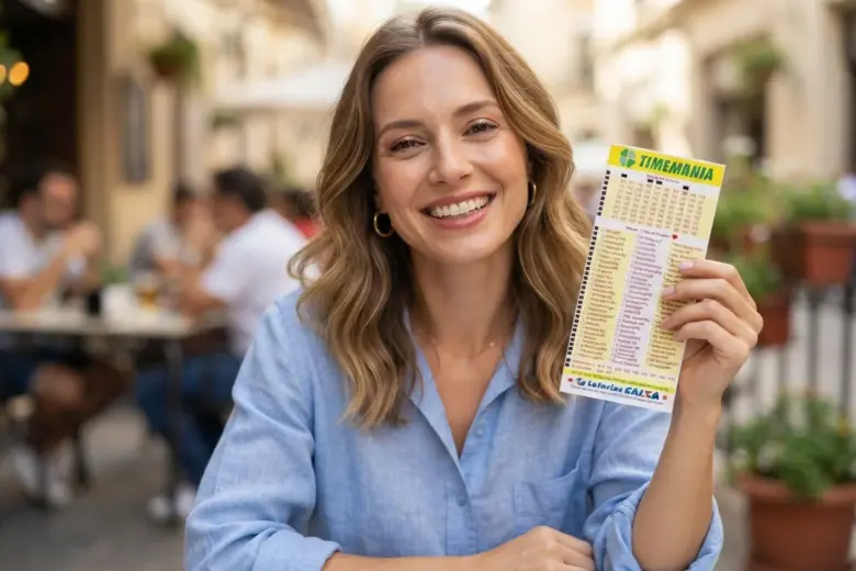 Uma mulher feliz segurando um bilhete da Timemania