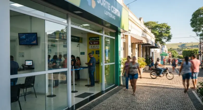 Aposta simples feita em Alto Taquari acerta a quina e premia morador de Mato Grosso com mais de R$ 33 mil na Mega-Sena 1 Fachada de casa lotérica em município de Mato Grosso durante cobertura sobre apostas premiadas.