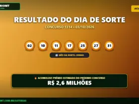 Resultado oficial da Dia de Sorte concurso 1314 de 03/10/2026. Dezenas sorteadas: 02, 10, 11, 17, 25, 27, 31. Prêmio acumulou para R$ 2,6 MILHÕES.