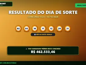 Resultado oficial da Dia de Sorte concurso 1323 de 15/10/2026. Dezenas sorteadas: 02, 03, 10, 11, 12, 29, 31. Prêmio estimado em R$ 462.533,46.