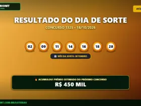 Resultado oficial da Dia de Sorte concurso 1325 de 18/10/2026. Dezenas sorteadas: 02, 09, 11, 14, 16, 18, 28. Prêmio acumulou para R$ 450 MIL.