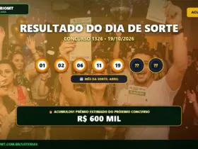 Resultado oficial da Dia de Sorte concurso 1326 de 19/10/2026. Dezenas sorteadas: 01, 02, 06, 11, 19, 21, 23. Prêmio acumulou para R$ 600 MIL.