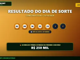 Resultado oficial da Dia de Sorte concurso 1330 de 23/10/2026. Dezenas sorteadas: 02, 09, 16, 22, 23, 28, 31. Prêmio acumulou para R$ 250 MIL.