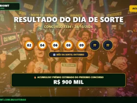 Resultado oficial da Dia de Sorte concurso 1334 de 28/10/2026. Dezenas sorteadas: 02, 04, 06, 08, 09, 22, 25. Prêmio acumulou para R$ 900 MIL.