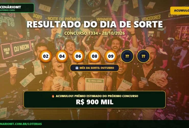Resultado oficial da Dia de Sorte concurso 1334 de 28/10/2026. Dezenas sorteadas: 02, 04, 06, 08, 09, 22, 25. Prêmio acumulou para R$ 900 MIL.