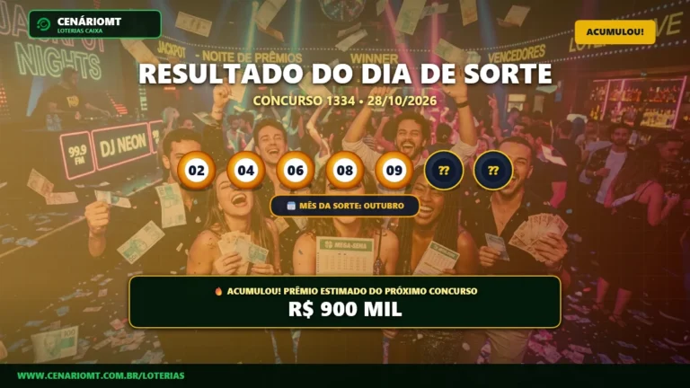 Resultado oficial da Dia de Sorte concurso 1334 de 28/10/2026. Dezenas sorteadas: 02, 04, 06, 08, 09, 22, 25. Prêmio acumulou para R$ 900 MIL.