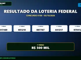Resultado oficial da Loteria Federal concurso 6106 sorteado em 03/10/2026. Bilhete principal premiado com R$ 500 MIL. Divulgação CenárioMT e Caixa.