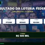 Resultado oficial da Loteria Federal concurso 6107 sorteado em 07/10/2026. Bilhete principal premiado com R$ 500 MIL. Divulgação CenárioMT e Caixa.