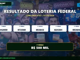 Resultado oficial da Loteria Federal concurso 6107 sorteado em 07/10/2026. Bilhete principal premiado com R$ 500 MIL. Divulgação CenárioMT e Caixa.