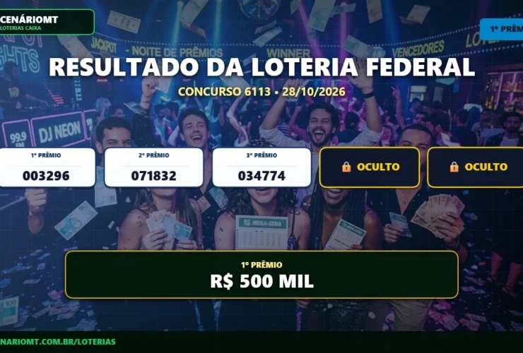 Resultado oficial da Loteria Federal concurso 6113 sorteado em 28/10/2026. Bilhete principal premiado com R$ 500 MIL. Divulgação CenárioMT e Caixa.